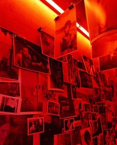 many pictures are hanging on the wall with red light coming from above them in an orange room