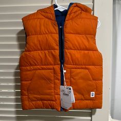 Never Worn Adorable Vest Orange Cotton Winter Outerwear, Winter Orange Cotton Outerwear, Casual Outerwear With Pockets For Playtime, Brown Puffer, Floral Vests, Quilted Puffer Vest, Girls Vest, Puffy Vest, Reversible Vest