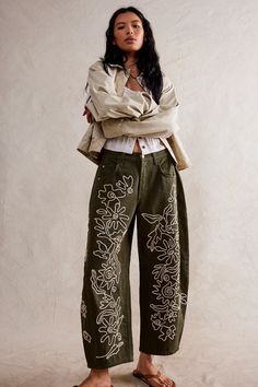 We The Free Good Luck Soutache Barrel Jeans | Free People Trendy Wide Leg Bottoms With Floral Embroidery, Trendy Floral Embroidered Wide Leg Bottoms, Baggy Wide Leg Bottoms With Floral Embroidery, Trendy Embroidered Pants For Fall, Trendy Embroidered Relaxed Fit Jeans, Baggy Floral Embroidered Bottoms, Baggy Bottoms With Floral Embroidery, Baggy Embroidered Pants For Spring, Spring Embroidered Baggy Pants