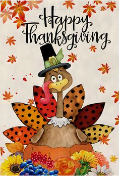 a thanksgiving card with a turkey wearing a top hat and polka dots on it's head