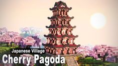 the japanese village cherry pagoda is made out of legos and has pink flowers on it