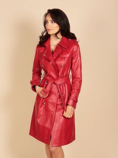 Nothing is quite as eternally chic as a well tailored trench coat. Channeling the Parisian beautés of the 60s, our Belle Du Jour trench coat is structured to perfection, from 100% soft leather. Bejewelled by our signature crystal-embellished enamel and gold metal buttons, this piece is an absolute show-stopper.Features: 100% LeatherLined in 100% Satin CuproCrystal-embellished, enamel and metal buttonsTwo side pocketsMatching leather beltLined in satin cupro Trench Coat Dress, Silk Coat, Long Leather Coat, Black Leather Dresses, Leather Trench, Leather Trench Coat, Leather Dresses, The 60s, Cashmere Coat