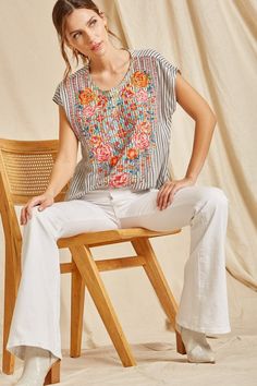 Cute embroidery top featuring round neckline and short sleeves.nylon Embroidery Top, Cute Embroidery, Babydoll Top, Striped Blouse, Embroidered Design, Fashion Boutique, Round Neckline, Chic Style, Baby Dolls