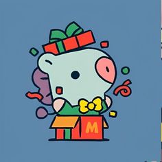 an image of a cartoon pig holding a gift box with a bow on it's head