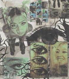 an artistic collage with many different pictures on it, including one woman's face and two men's eyes