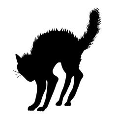 a black and white silhouette of a cat looking down at something in the air with its tail curled up