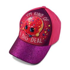 3D Pop Caps feature popular character artwork that 'pops out', giving it a little extra dimension. This baseball cap features artwork of Shopkins character D'lish Donut and the text 'I'm Kind of A Big Deal,' because she is. Designed for little girls age 4-7. Size: One Size.  Color: Purple.  Gender: female.  Age Group: kids. Shopkins Characters, Character Artwork, Girl D, Scarf Hat, Big Deal, Walmart Shopping, Cloth Bags, Color Purple, Gender Female