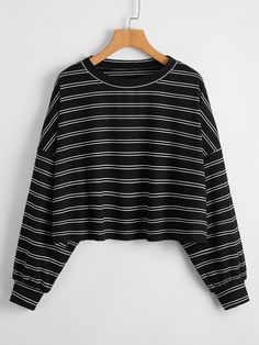 Black Casual Collar Long Sleeve Polyester Striped  Embellished Slight Stretch Spring/Fall Plus Size Tops Drop Shoulder Tee, Tops Fall, Inspiration Mode, Trendy Fashion Women, Clothes Collection, Plus Size T Shirts, Long Sleeve Casual, Plus Size Tops, Casual T Shirts