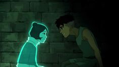 an animated image of a man and woman facing each other in front of a brick wall