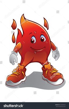 a red cartoon character with big eyes and orange shoes, standing on one foot in the air