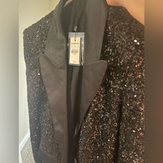 Black Sparkly Blazer. Size Sm, But I’m A Large And It Fits Me Well So I Think It Is Meant To Fit Oversized. Very Soft Luxury Black Sequined Blazer, Formal Black Outerwear With Sequins, Formal Black Sequined Outerwear, Black Sparkly Blazer, Sparkly Blazer, Lilac Blazer, Spring Blazer, Coats Black, Belted Trench Coat