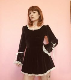 Velvet babydoll dress with lace trimming. Cute Long Sleeve Under Dresses, Velvet Grunge Dress, Whimsigothic Dress Short, Velvet Baby Doll Dress For Women, Velvet Coquette Dress, Red Babydoll Dress, Debbie Dress, Dark Beauty Fashion, 80s Inspired Outfits