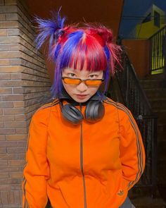 Multicolored Hair Aesthetic, Unique Hair Ideas Color, Blue To Red Hair, Red And Blue Hair Ideas, Yellow And Red Hair, Orange Blue Hair, Orange And Purple Hair, 3 Color Hair