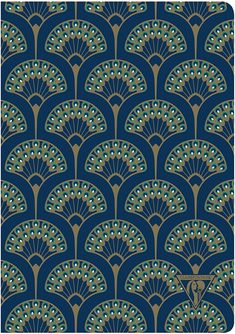 an art deco wallpaper with peacocks and fan shapes on blue, gold and green