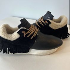 - Never Worn - Women Size 8 - Perfect Condition - Black Shoes, White Sherpa Fuzz On The Heel Of The Shoe - Original Price $575 Fringe Shoes, Shoes White, Black Shoes, Black Color, Womens Sizes, Black White, Women Shoes, Black And White, Heels