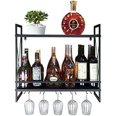 a shelf filled with bottles and glasses next to a potted plant