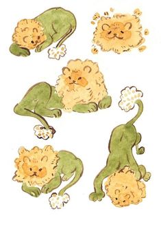 four lions and two lions with flowers in their paws, one is sitting on the ground