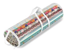 four rolls of colorful wrapping paper on top of each other