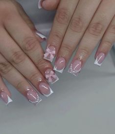 Short Acrylic Nails Coquette, Pink Bow French Tip Nails, Short Princess Nails, Short Nails French Tip Color, Birthday Nail Set Ideas Short, May Nail Designs, Aesthetic Nail Designs, Nails With Bows, Bow Nail Designs