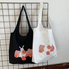 Strawberry Bunny Tote Bag – Tristar Boutique Spring Cotton Shoulder Bag For School, Cute Large Capacity Tote Canvas Bag, Spring School Cotton Bags, Cotton School Bags For Spring, Cute Cotton Bags For Spring, Kawaii Cotton Bags For Everyday Use, Kawaii Cotton Bags For Everyday, Kawaii Cotton Canvas Bag For Daily Use, Kawaii Summer Bags For Daily Use