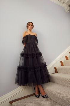 Black Romantic Dress, Luxury Spring Gala Midi Dress, Luxury Spring Midi Length Evening Dress, Luxury Spring Midi Evening Dress, Luxury Midi Length Evening Dress For Spring, Luxury Midi Length Evening Dress, Luxury Evening Dress In Midi Length, Tulle Gown With Sleeves, Draped Corset