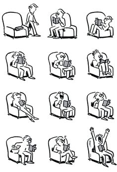 black and white drawing of people sitting on couches with different types of books in their hands