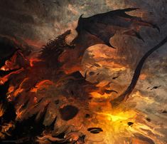 a painting of a dragon flying through the air with fire in it's mouth