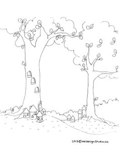 a black and white drawing of a tree with houses on it