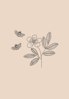 two bees flying over flowers and leaves on a light pink background with the words,