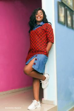 Ankara And Jeans, African Shift Dress, Jeans Combination, Ankara Shift Dress, Ankara Outfits, Combination Fashion