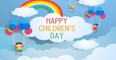 children are flying with balloons and rainbows in the sky, happy children's day