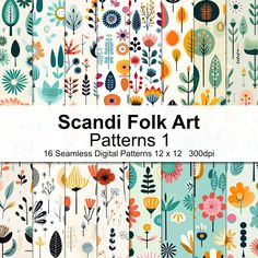 an assortment of colorful flowers and plants with the text scandi folk art patterns 1