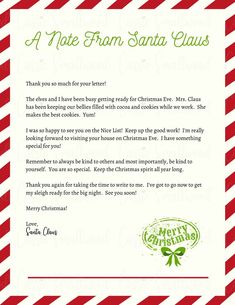 Response letter from Santa to kids before Christmas with candy cane stripe border and official Santa mail stamp with handwritten signature. Santa Letter Response, Response Letter From Santa, A Letter From Santa To Kids, Reply Letter From Santa, Santa Response Letter Template, Christmas Letters From Santa, Santa Clause Letter Template