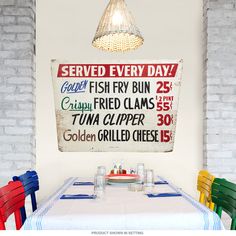 there is a sign that says served every day and fish fry on the wall behind it