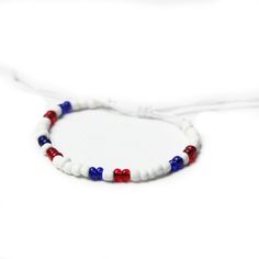 These single strand beaded bracelets are a great complement to any of the bracelets in the America Collection. Sliding Knot Closure, Adjustable Knot, Sliding Knot, Custom Bracelets, Red White Blue, On Off, Beaded Bracelet, Knot, Perfect Fit