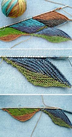 three pictures showing different stages of knitting with yarn and needles on the same side, one shows