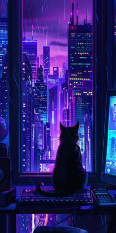 a cat sitting on top of a computer desk in front of a cityscape