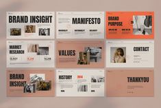 a bunch of different presentation slides with orange and black text on them that says brand insight