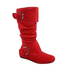 This style runs pretty true to size Round toe design Side Zip Closure Large buckle Finished with cushioned insole Faux Suede Heel Height: 0.25" (approx) shaft length:13.25" (approx) top opening circumference: 16" (approx) heel top opening circumference: 14.5" Size: 6.  Color: Red.  Gender: female.  Age Group: adult. Wide Shaft Boots, Round Toe Boots, Faux Leather Heels, Slouched Boots, Red Boots, Rounded Toe Boots, Leather Riding Boots, Toe Boots, Casual Flats