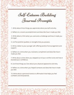 Work toward improving self-esteem with 20 reflective journal prompts! Building self-esteem is a journey, and journaling can be a powerful tool for self-reflection and growth to help guide you along the way! Self Esteem Prompts, Journaling For Self Esteem, Shadow Work Self Esteem, Journal Prompts For Self Esteem, Confidence Journal Prompts, Journal Prompts For Knowing Yourself, Journal Prompts Self Esteem, Self Esteem Building, Reflective Journal Prompts