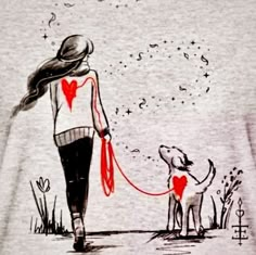 a drawing of a woman walking her dog with red hearts on it's collar