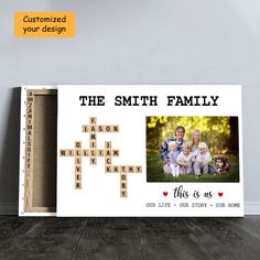 a personalized photo frame with the word family spelled in wooden letters and an image of two children