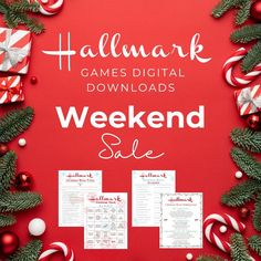 a red background with christmas themed items and text that reads, hallmark games digital downloads weekend sale