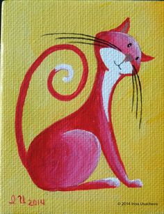 a painting of a cat sitting on top of a yellow surface