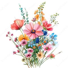 watercolor painting of colorful flowers in a vase with greenery and blue, pink, yellow, orange, and white blooms