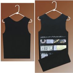 two pictures of the same black shirt hanging on a hanger, one with money in it