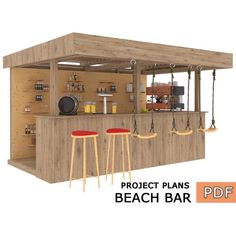 a wooden bar with stools next to it