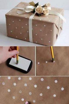 a gift wrapped in brown paper with white polka dots and a pencil sticking out of it