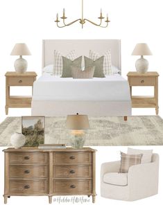 a bedroom with white furniture and neutral colors