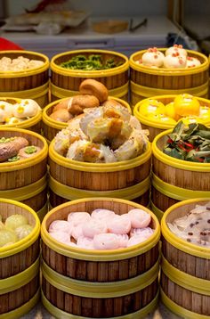 many baskets filled with different types of food